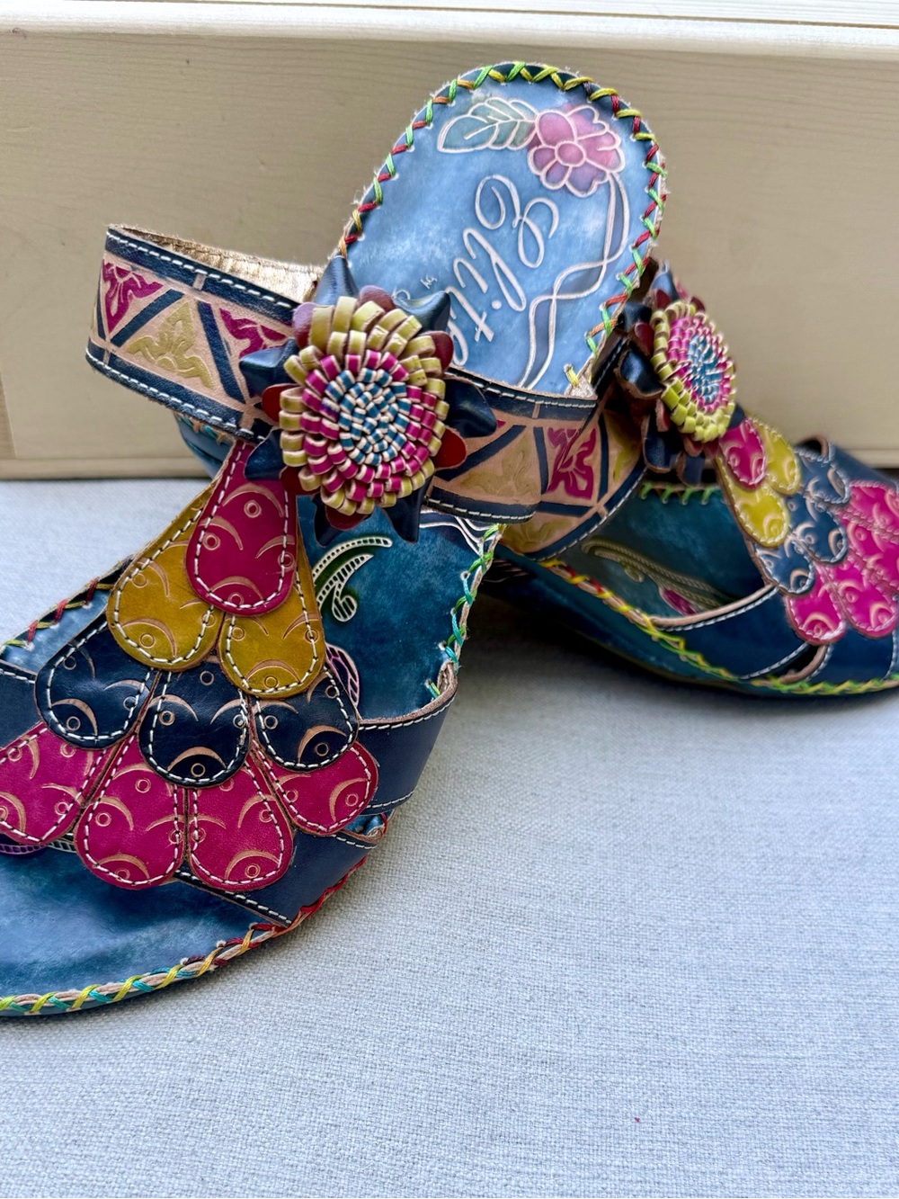 Elite by Corkys Jamaica Navajo Leather Floral Wedge Sandals Sz 9 EUC - Picture 4 of 10